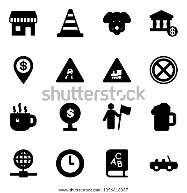 Solid
vector icon set - duty free vector, road cone, dog, account, dollar
pin, slippery sign, railway intersection, no stop, hot tea, money
tree, win, beer, globe, clock, abc book, toy
car