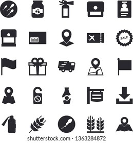 Solid vector icon set - ear flat vector, jam, ketchup, signboard, location, flag, present, sell out, trucking, barcode, sperm, badge, stamp, ticket fector, do not disturb, download