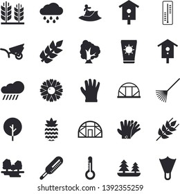 Solid vector icon set - ear flat vector, pineapple, thermometer, nesting box, tree, flower, rake, garden wheelbarrow, gloves, rain, greenhouse, forest, sun protection cream fector, surfing, flippers