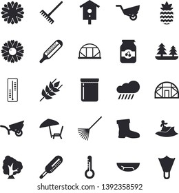 Solid vector icon set - ear flat vector, jam, pineapple, thermometer, nesting box, tree, flower, rake, garden wheelbarrow, gumboots, rain, greenhouse, forest, sea beach fector, chaise lounge