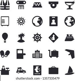 Solid vector icon set - earth flat fector, car, antique column, indentity card, hang glider, balloon, suitcase, baggage claim, passport, sun, island, cocktail, hospital, luggage trolley, safe, taxi