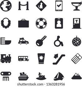 Solid vector icon set - earth flat fector, train, car, bus, sailboat, antique column, VIP area, escalator, suitcase, check in, hotel first line, sun protection cream, hawaiian wreath, cocktail, pass