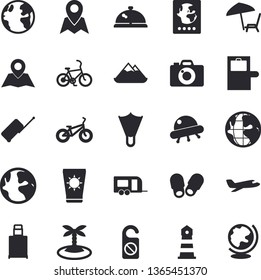 Solid vector icon set - earth flat vector, lighthouse, ufo, bicycle, aircraft fector, trailer, luggage, baggage claim, passport, chaise lounge, sun protection cream, island, flippers, location