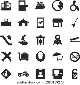 Solid vector icon set - earth flat fector, indentity card, escalator, hike, motorcycle, control gate, baggage claim, aircraft, check in, tent, cash dispenser, departure, chaise lounge, pool, hotel