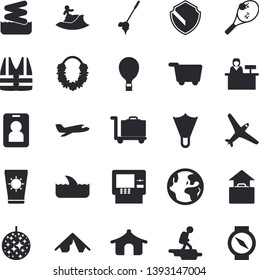 Solid vector icon set - earth flat fector, aircraft, hike, balloon, tent, cash dispenser, hand luggage, sun protection cream, hawaiian wreath, disco ball, surfing, flippers, aquapark, trolley, pass