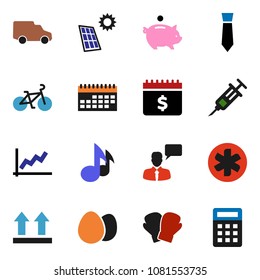solid vector icon set - egg vector, music, graph, piggy bank, tie, dollar calendar, bike, boxing glove, car, top sign, speaking man, ambulance star, syringe, solar panel, calculator
