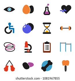 solid vector icon set - egg vector, potato, microscope, barbell, clipboard, horizontal bar, fitball, boxing glove, bone, hoop, disabled, heart pulse, flask, eye, sand clock, tooth implant