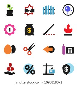 solid vector icon set - egg vector, medal, phone, client, flammable, scissors, scalpel, ovule, disconnection, arrow, fence, flower in pot, construction crane, money bag, percent, dollar shield