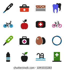 solid vector icon set - egg vector, apple fruit, bike, water bottle, breads, pool, first aid kit, hoop, doctor bag, thermometer, tooth, medical room