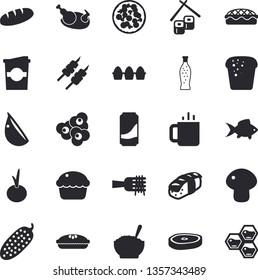 Solid vector icon set - egg flat vector, bread, spaghetti on a fork, pizza, mushroom, cupcake, porridge, pie, chicken, chop, shashlik, garlic, onion, cucumber, fish rolls, sashimi, popcorn, lemonade