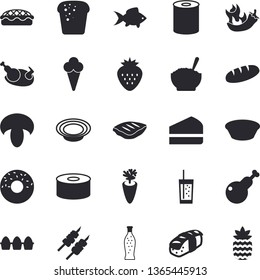 Solid vector icon set - egg flat vector, bread, canned food, mushroom, piece of cake, donut, dish, soup, porridge, pie, chicken, chop, shashlik, carrot, hot peppers, sashimi, fish, ice cream, soda