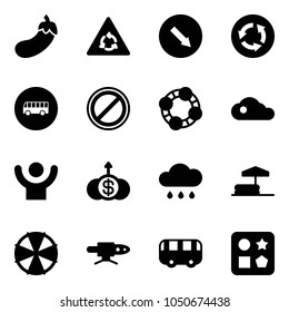 Solid vector icon set - eggplant vector, round motion road sign, detour, circle, bus, no parking, friends, cloud, success, dollar growth, rain, inflatable pool, parasol, pipe welding, toy, cube hole