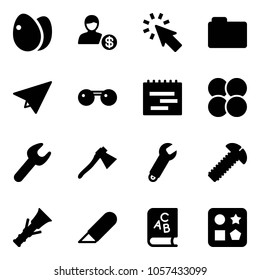 Solid vector icon set - eggs vector, account, cursor, folder, paper plane, sunglasses, terms plan, atom core, wrench, axe, screw, dowel, work knife, abc book, cube hole toy