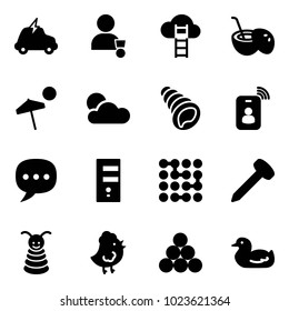 Solid vector icon set - electric car vector, winner, cloud ladder, coconut cocktail, beach, shell, identity card, chat, server, circuit, nail, pyramid toy, chicken, billiards balls, duck