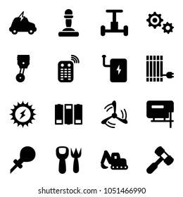 Solid vector icon set - electric car vector, pawn, gyroscope, gear, piston, remote control, power bank, sun panel, battery, wind mill, jig saw, oiler, shovel fork toy, excavator, hammer