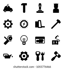 Solid vector icon set - electric car vector, work, pawn, king, gear, sun power, water plant, sledgehammer, Angular grinder, bulb, generator, welding, oiler, shovel fork toy, hammer