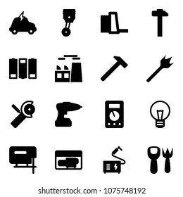 Solid vector icon set - electric car vector, piston, water power plant, hammer, battery, wood drill, Angular grinder, multimeter, bulb, jig saw, generator, welding, shovel fork toy