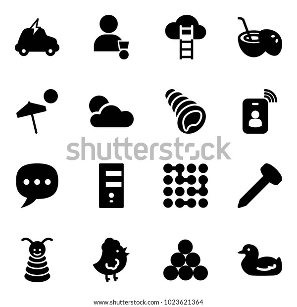 Solid vector icon set - electric car vector, winner,\
cloud ladder, coconut cocktail, beach, shell, identity card, chat,\
server, circuit, nail, pyramid toy, chicken, billiards balls,\
duck