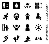 Solid vector icon set - elevator vector, male wc, vip, ski, run, man globe, success, winner, opportunity, king, star, flying, feet, windsurfing, information exchange