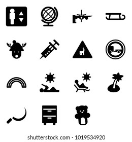 Solid vector icon set - elevator vector, globe, boarding passengers, sleigh, christmas deer hat, syringe, wild animals road sign, no trailer, rainbow, reading, beach, palm, sickle, tool cabinet