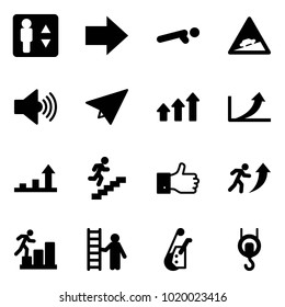 Solid vector icon set - elevator vector, right arrow, push ups, climb road sign, volume max, paper plane, arrows up, growth, career, finger, opportunity, winch