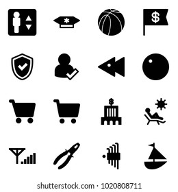 Solid vector icon set - elevator vector, candy, basketball ball, dollar flag, shield check, user, fast backward, record, cart, bank building, beach, fine signal, pliers, allen key set, sailboat toy