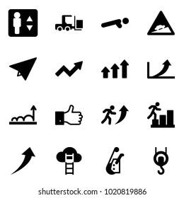 Solid vector icon set - elevator vector, fork loader, push ups, climb road sign, paper plane, growth arrow, arrows up, finger, career, cloud ladder, winch