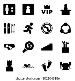 Solid vector icon set - elevator vector, female wc, vip, recieptionist, ski, run, no left turn road sign, community, agreement, search money, stairs, win, king, swimming, feet, sharpening