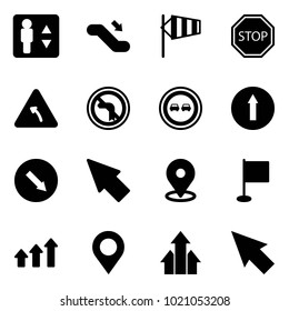 Solid vector icon set - elevator vector, escalator down, side wind, stop road sign, turn left, no, overtake, only forward, detour, cursor, map pin, flag, arrows up