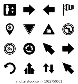 Solid vector icon set - elevator vector, right arrow, left, side wind, dollar pin, giving way road sign, tunnel, no turn, limited height, circle, cursor, undo, arrows up, down