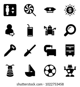 Solid vector icon set - elevator vector, lollipop, candy, dollar sun, user login, drink, robot, magnifier, screw, clinch, machine tool, cabinet, pyramid toy, sailboat, soccer ball
