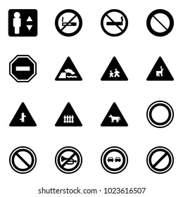 Solid vector icon set - elevator vector, no smoking sign, prohibition road, way, embankment, children, wild animals, intersection, railway, cow, horn, overtake, parking