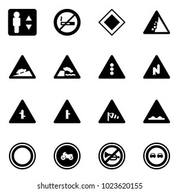Solid vector icon set - elevator vector, no smoking sign, main road, landslide, climb, embankment, traffic light, abrupt turn right, intersection, side wind, rough, prohibition, moto, horn, overtake