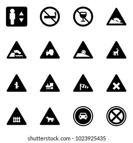 Solid vector icon set - elevator vector, no smoking sign, alcohol, steep descent road, embankment, tractor way, roadside, wild animals, intersection, railway, side wind, cow, car, stop
