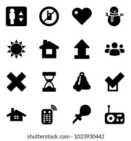 Solid Vector Icon Set - Elevator Vector, No Mobile Sign, Heart, Snowman, Sun, Home, Uplooad, Group, Delete Cross, Sand Clock, Bell, Check, Remote Control, Oiler, Radio