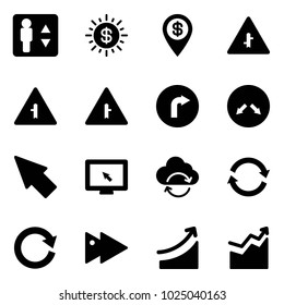 Solid vector icon set - elevator vector, dollar sun, pin, intersection road sign, only right, detour, cursor, monitor, refresh cloud, reload, fast forward, rise, growth