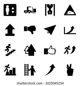 Solid vector icon set - elevator vector, fork loader, pull ups, climb road sign, uplooad, dislike, paper plane, growth arrow, career, up, finger, opportunity, victory