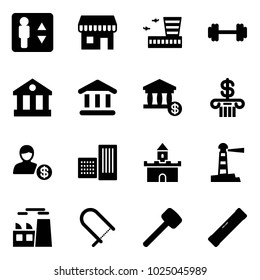 Solid vector icon set - elevator vector, duty free, airport building, barbell, bank, account, sand fort, lighthouse, plant, fretsaw, rubber hammer, level