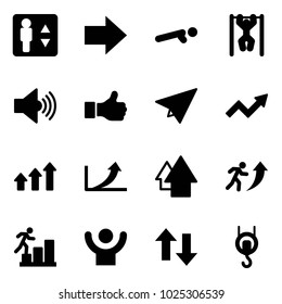 Solid vector icon set - elevator vector, right arrow, push ups, pull, volume max, like, paper plane, growth, arrows up, career, success, down, winch