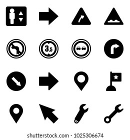 Solid vector icon set - elevator vector, right arrow, turn road sign, rough, no left, limited height, overtake, only, detour, map pin, flag, navigation, cursor, wrench