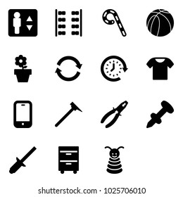 Solid vector icon set - elevator vector, plane seats, lollipop, basketball ball, flower pot, refresh, clock around, t shirt, mobile phone, mason hammer, pliers, nail dowel, clinch, tool cabinet