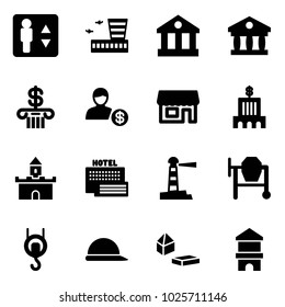 Solid vector icon set - elevator vector, airport building, bank, account, store, sand fort, sea hotel, lighthouse, cocncrete mixer, winch, construction helmet, constructor blocks, toy block house
