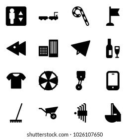 Solid vector icon set - elevator vector, baggage truck, lollipop, flag, fast backward, building, paper fly, wine, t shirt, parasol, piston, mobile phone, rake, wheelbarrow, allen key set