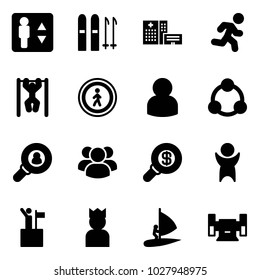 Solid vector icon set - elevator vector, ski, hospital building, run, pull ups, no pedestrian road sign, user, social, head hunter, group, search money, success, win, king, windsurfing, sharpening