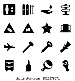 Solid vector icon set - elevator vector, ski, drop hand, road signpost sign, multi lane traffic, tractor way, star, doors, plane, sledgehammer, screw, dowel, tool cabinet, brush, beanbag