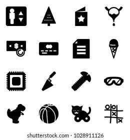 Solid vector icon set - elevator vector, christmas tree, star postcard, bladder, cash, credit card, document, ice cream, cpu, trowel, screw, protective glasses, dinosaur toy, basketball, cat