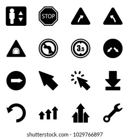 Solid vector icon set - elevator vector, stop road sign, turn right, left, tunnel, no, limited height, detour, only, cursor, download, undo, arrows up, wrench