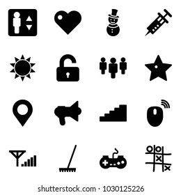 Solid vector icon set - elevator vector, heart, snowman, syringe, sun, unlocked, group, star, map pin, megaphone, stairs, mouse wireless, fine signal, rake, gamepad, Tic tac toe