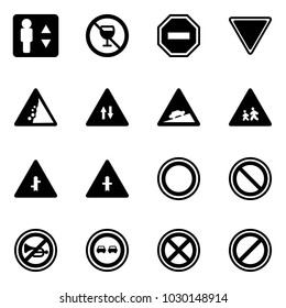 Solid vector icon set - elevator vector, no alcohol sign, way road, giving, landslide, oncoming traffic, climb, children, intersection, prohibition, horn, overtake, stop, parking