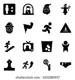 Solid vector icon set - elevator vector, officer window, santa claus, power hand, run, pedestrian road sign, career, tv news, garbage, success, winner, world, swimsuit